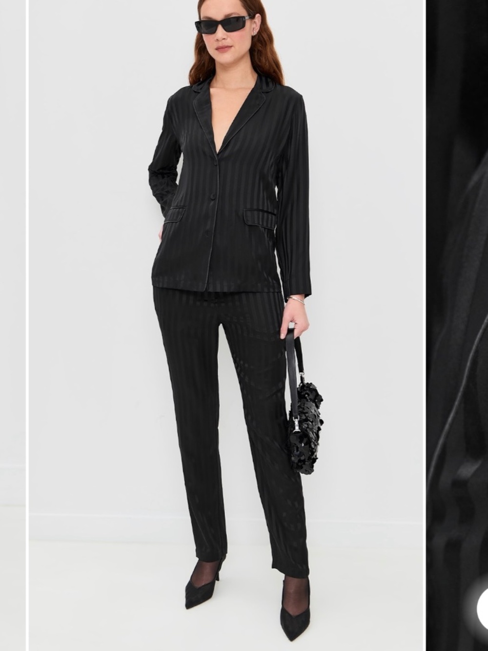 LUNYA NWOT Silk Striped Jacquard Tuxedo Pajama Set in Immersed Black Size M